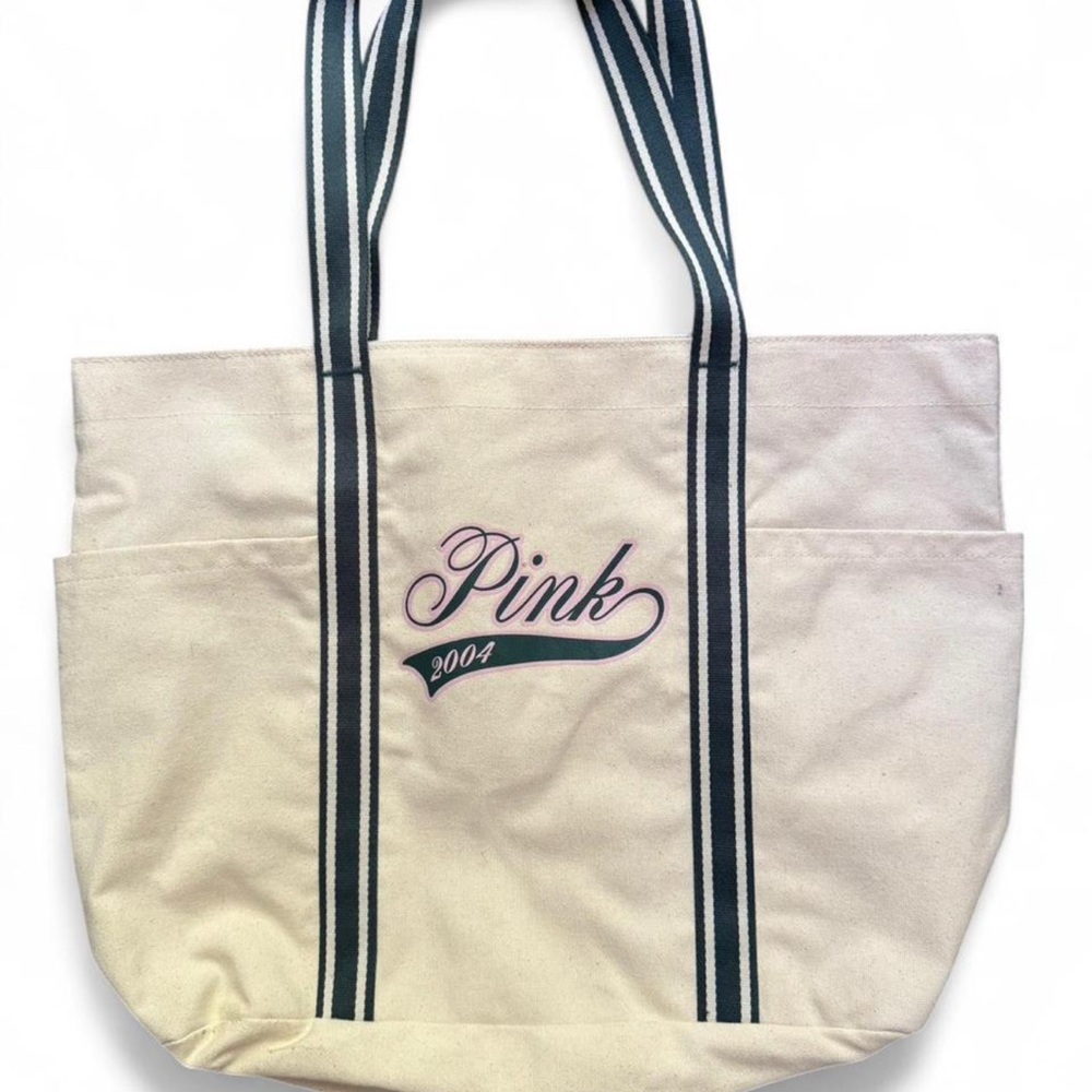 VINTAGE PINK 2004 sturdy, lined canvas tote. NWOT cream with dark green details